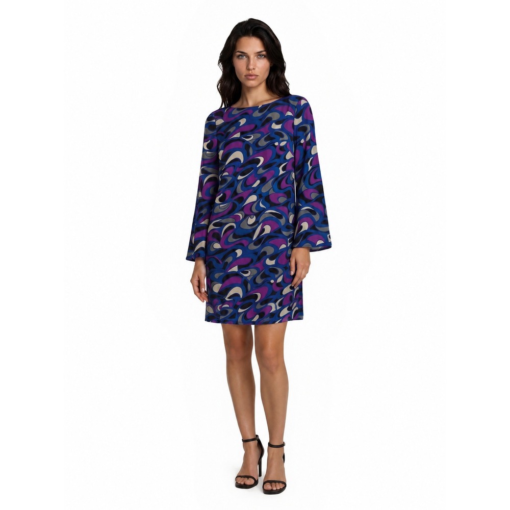 Alice & Trixie 100% Silk Dress Women's Size Small Purple Blue Black Bell Sleeve